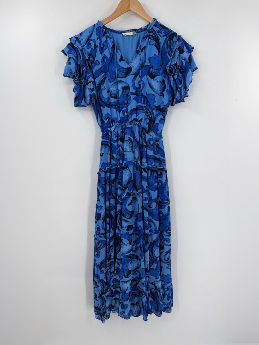 Maude Vivante Tiered Ruffle Baroque Scroll Print Midi Dress | Blue | Small